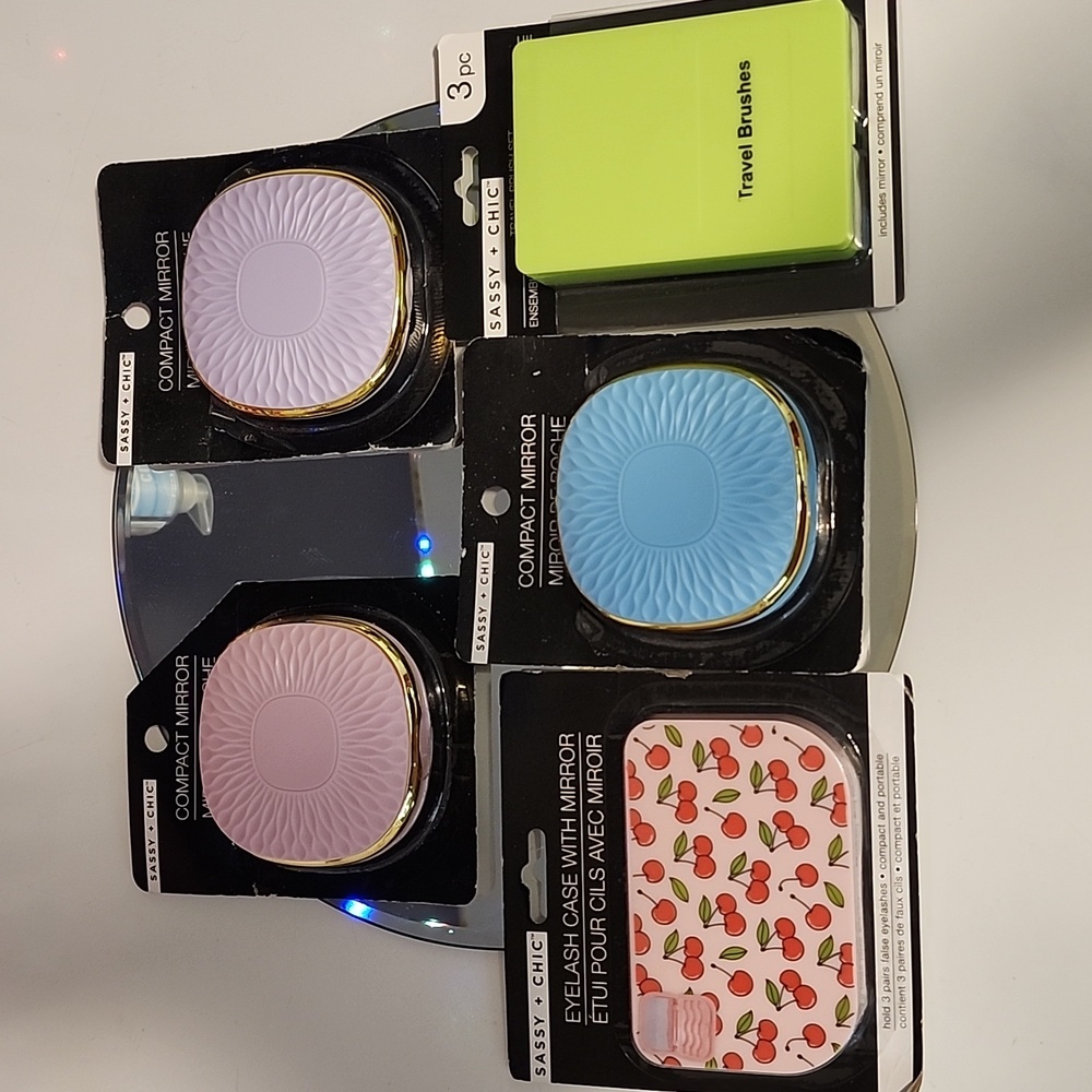 Compact Mirror and Travel Brushes Set - Blue, Purple, Green
